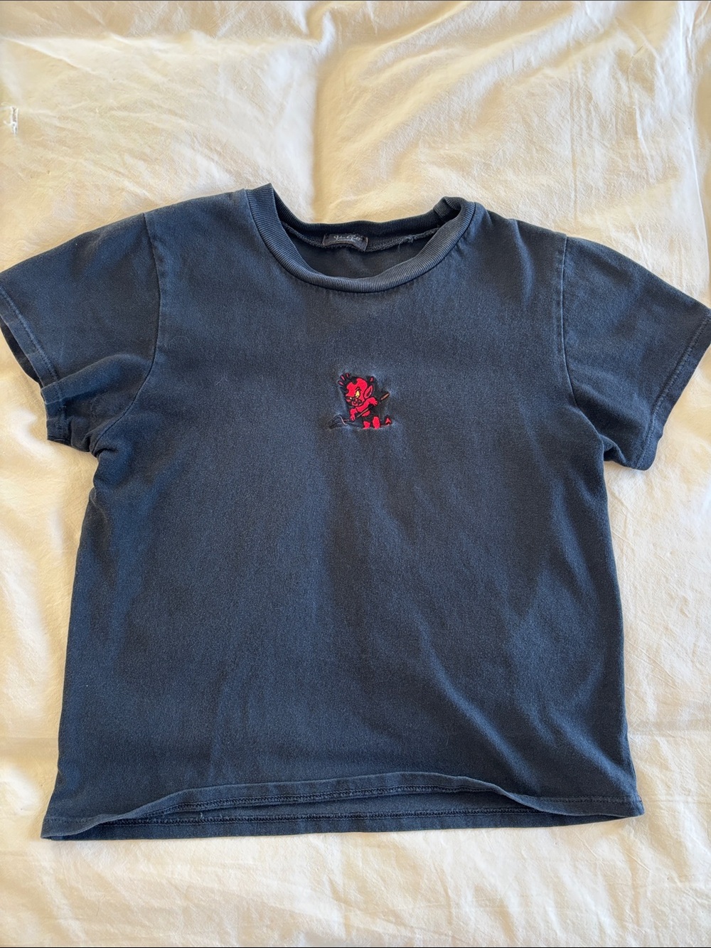 Brandy Melville Navy Short Sleeve Tee with Red Embroidered Cartoon